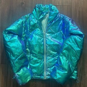 Iridescent Metallic Holographic Puffer Jacket Blue Green TCED Small Zip Up